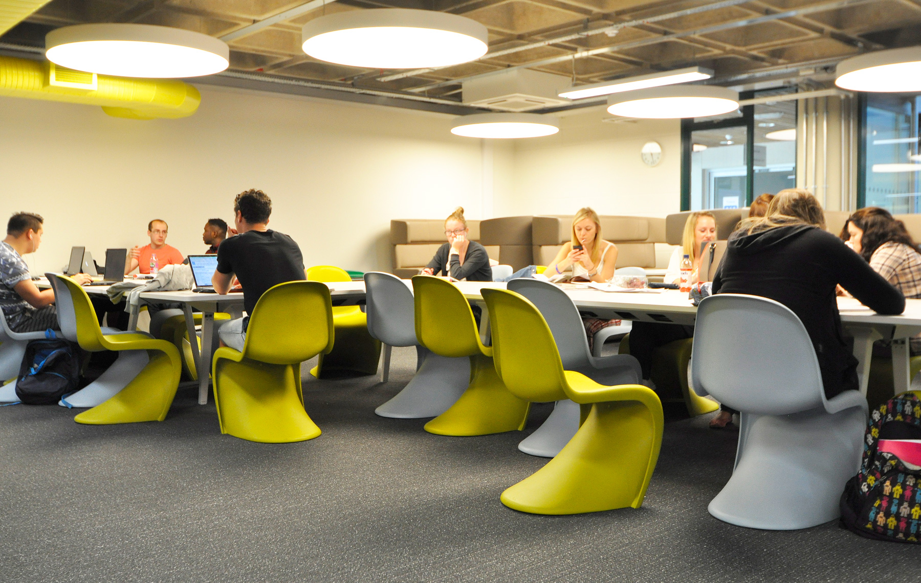 University-of-Portsmouth---Library---Panton-Chair-group-Yellow-and-Grey---People-Studying